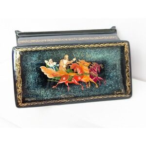 Vtg Handpainted Russian Trinket Box Lacquer Mstera Signed Horses Troika Sleigh